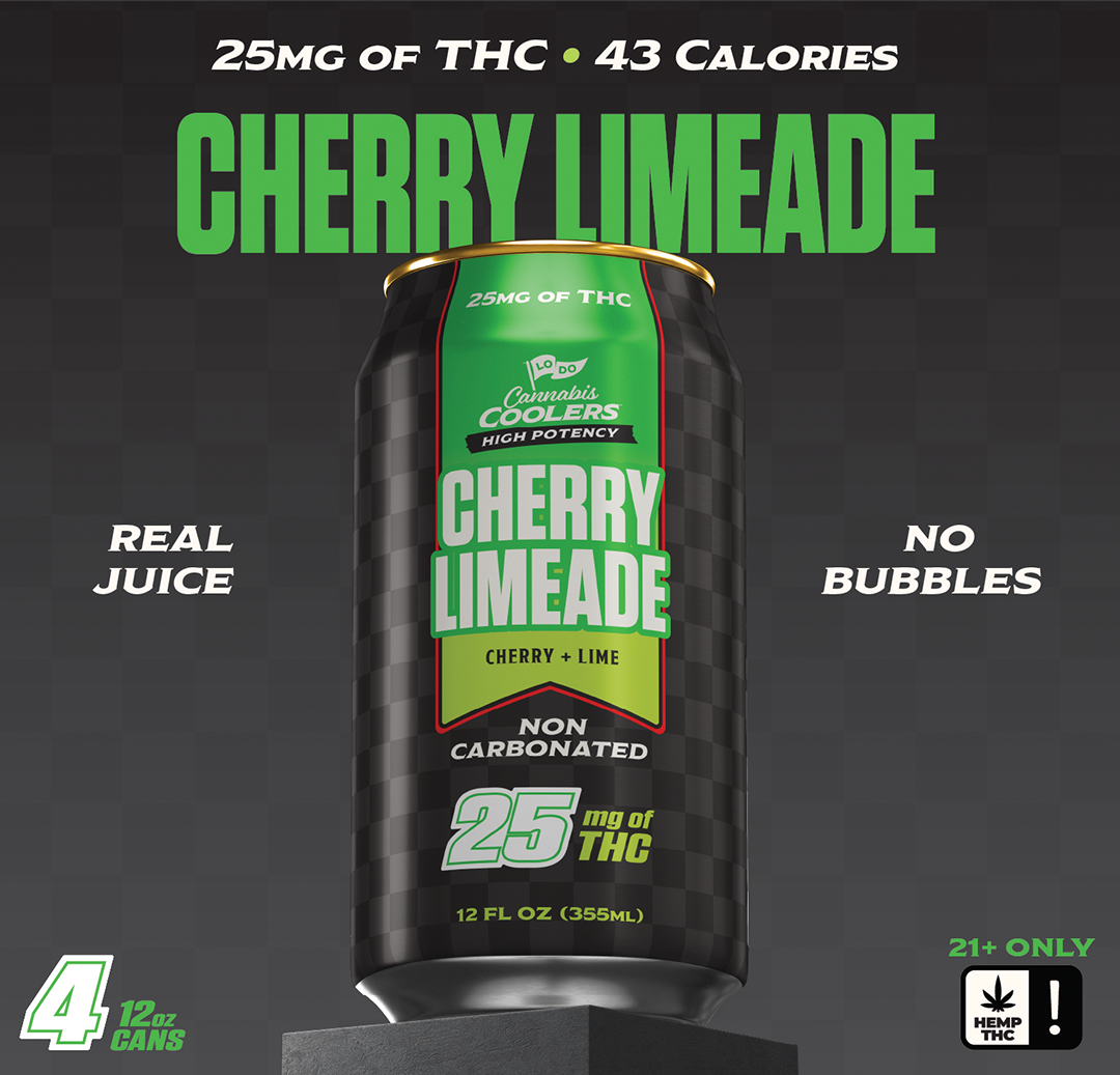 LoDo High Dose THC Cans 4-pack front panel, Cherry Limeade 25mg hemp-derived Delta-9 THC