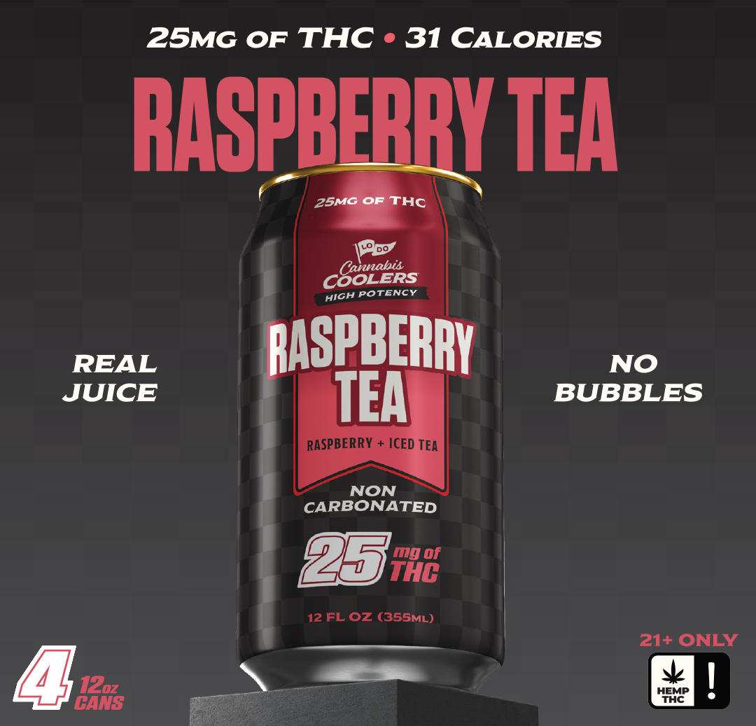 LoDo High Dose THC Cans 4-pack front panel, Raspberry Tea 25mg hemp-derived Delta-9 THC
